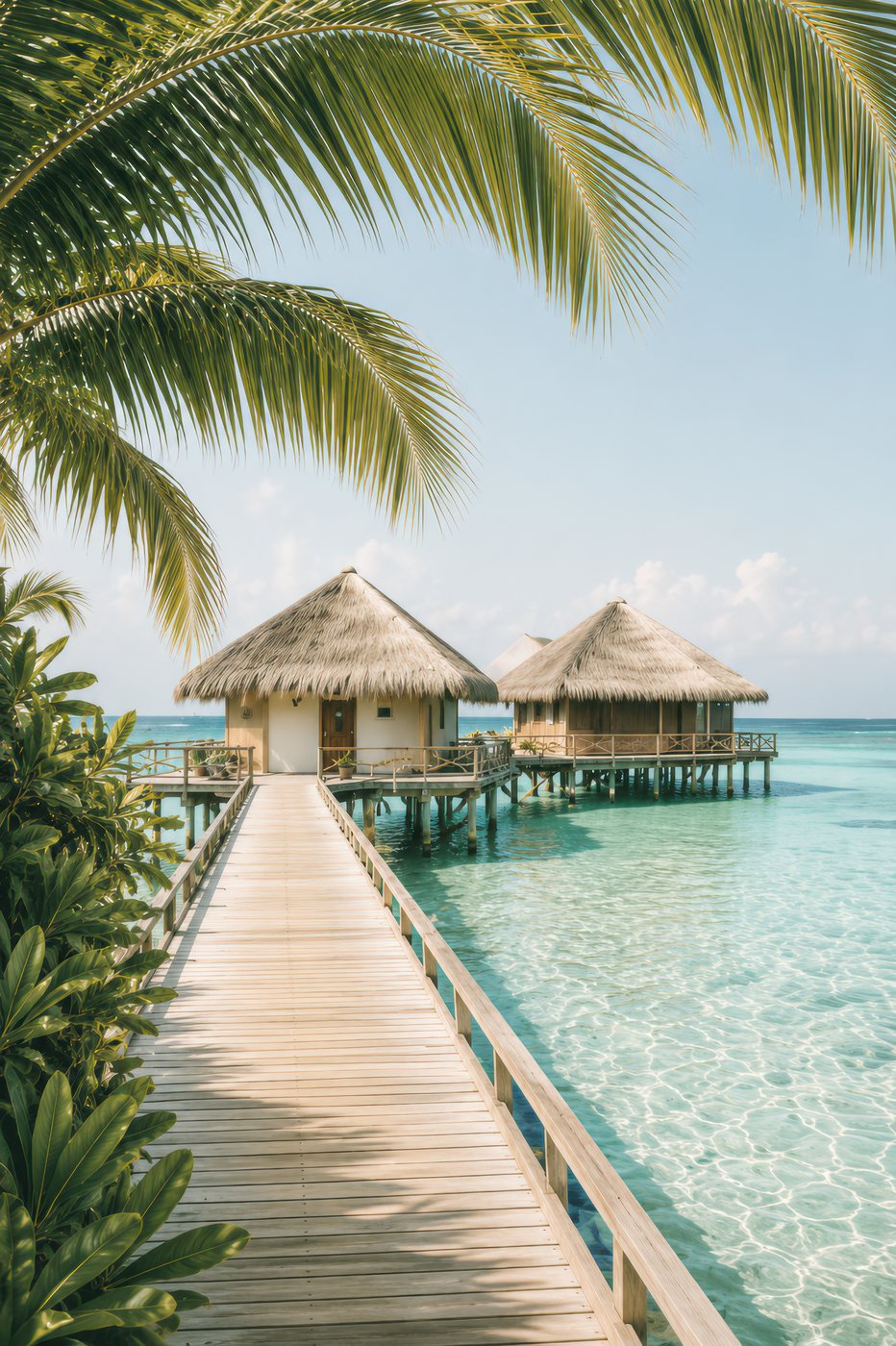 Overwater bungalows at dusk