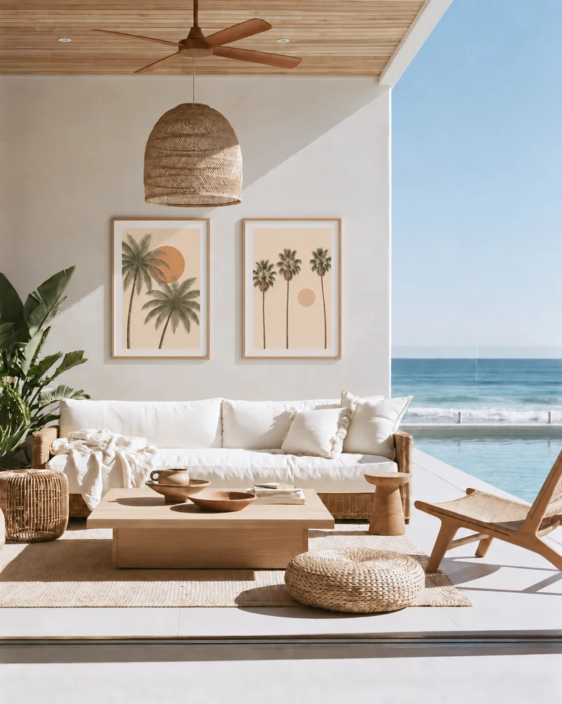 Two framed palm illustrations above a white sofa in an oceanfront lounge