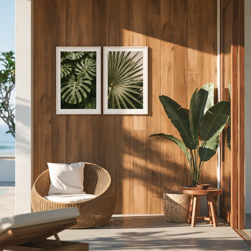 Monstera and palm artwork framed in a sunlit wood-paneled coastal room