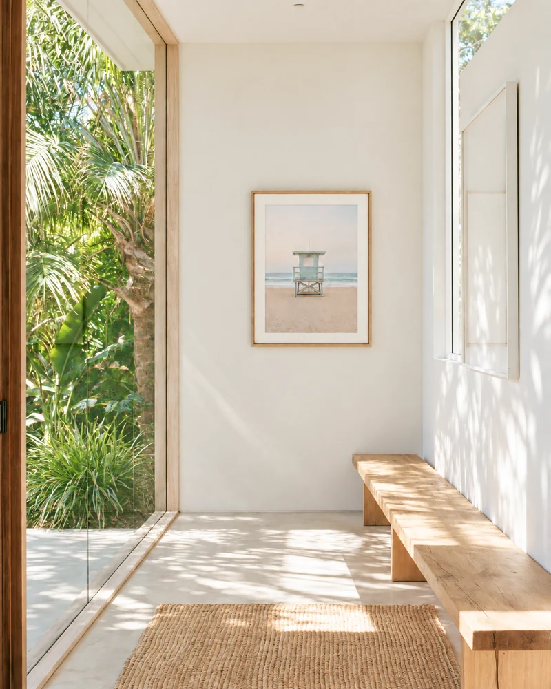Lifeguard Blue artwork in a bright hallway overlooking tropical greenery